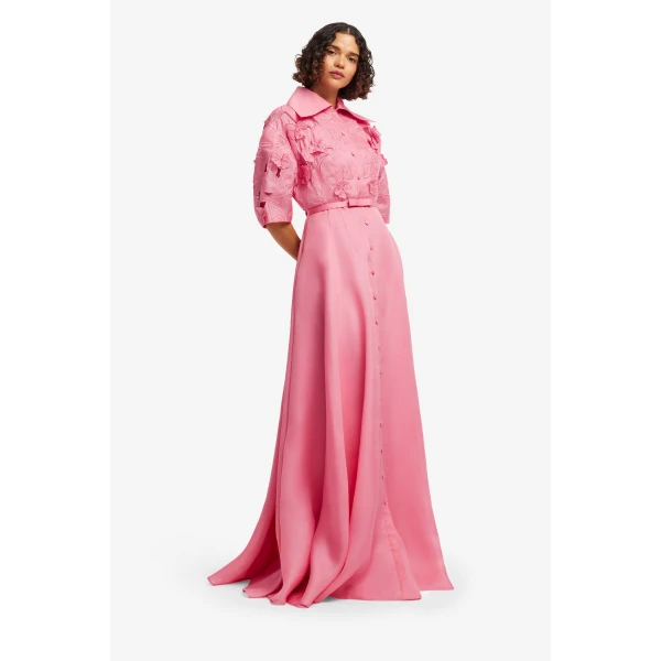 Leo Lin Junia Appliqué Puff Sleeve Silk Gown, view 4