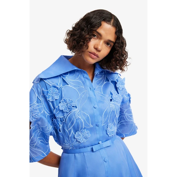 Leo Lin Junia Appliqué Puff Sleeve Silk Gown, view 6