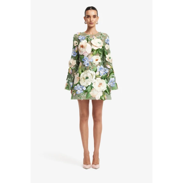 Leo Lin Suzanne Floral Hand Embroidered Bell Sleeve Mini Dress, view 2