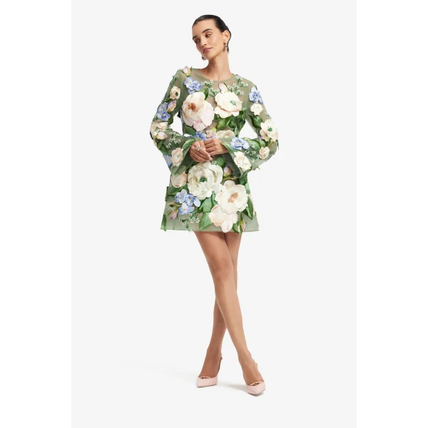 Leo Lin Suzanne Floral Hand Embroidered Bell Sleeve Mini Dress, view 3
