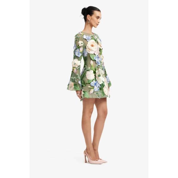 Leo Lin Suzanne Floral Hand Embroidered Bell Sleeve Mini Dress, view 4