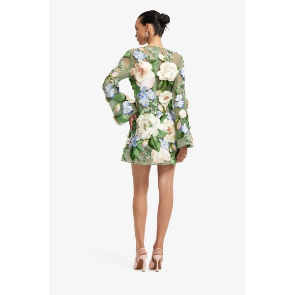 Leo Lin Suzanne Floral Hand Embroidered Bell Sleeve Mini Dress, view 5