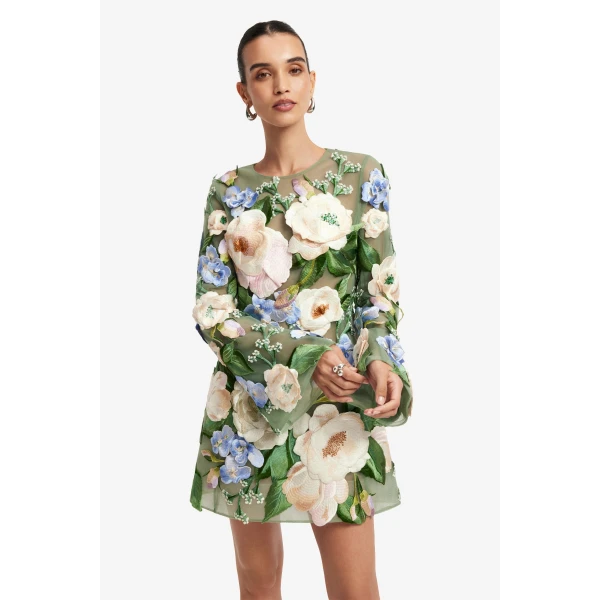 Leo Lin Suzanne Floral Hand Embroidered Bell Sleeve Mini Dress, view 6