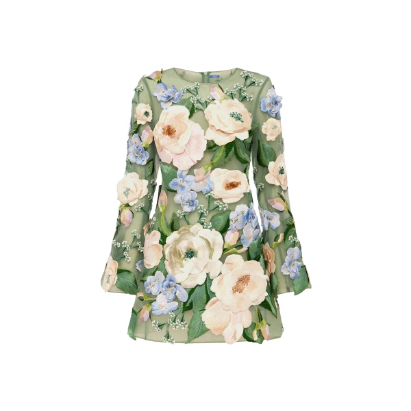 Leo Lin Suzanne Floral Hand Embroidered Bell Sleeve Mini Dress