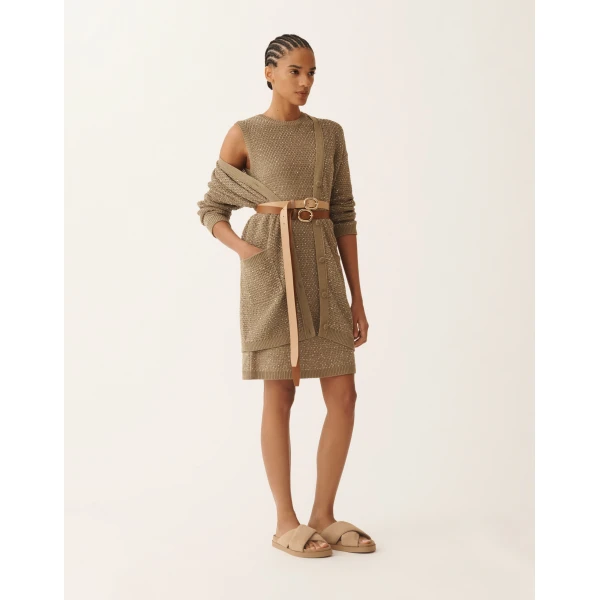 Fabiana Filippi Cotton Ribbon Cardigan with Sequins in Khaki, view 2