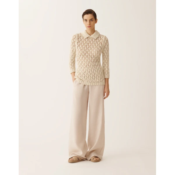 Fabiana Filippi Cotton Tape-Knit Sweater with Sequins in Butter, view 2