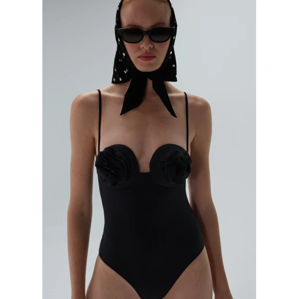 Magda Butrym 3D flower retro bustier swimsuit in black, view 2