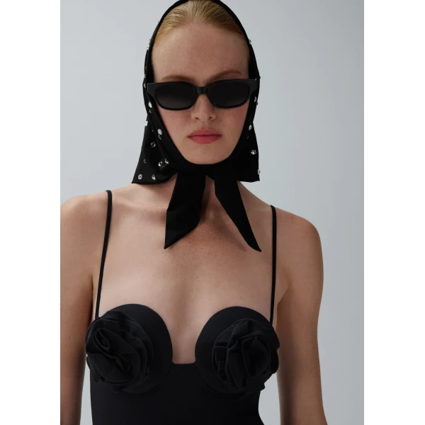 Magda Butrym 3D flower retro bustier swimsuit in black, view 3