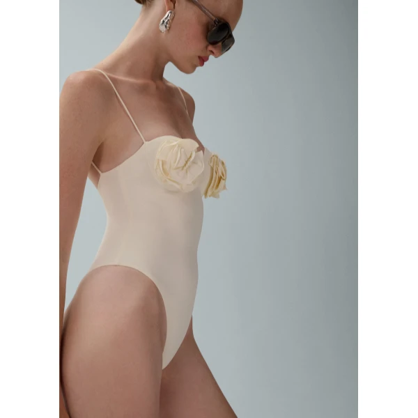 Magda Butrym 3D flower retro bustier swimsuit in cream, view 3
