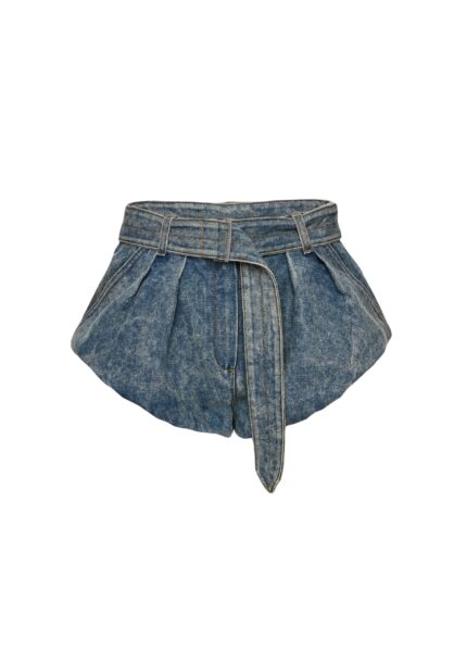 Magda Butrym Flared denim shorts with underlayer in vintage blue