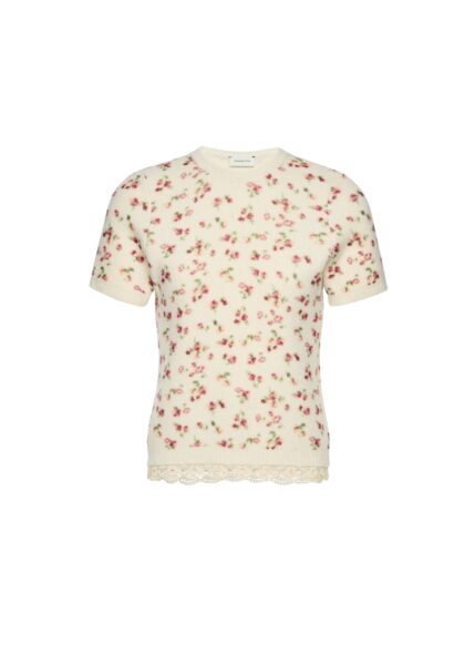 Magda Butrym Floral short-sleeve top with lace trim in cream