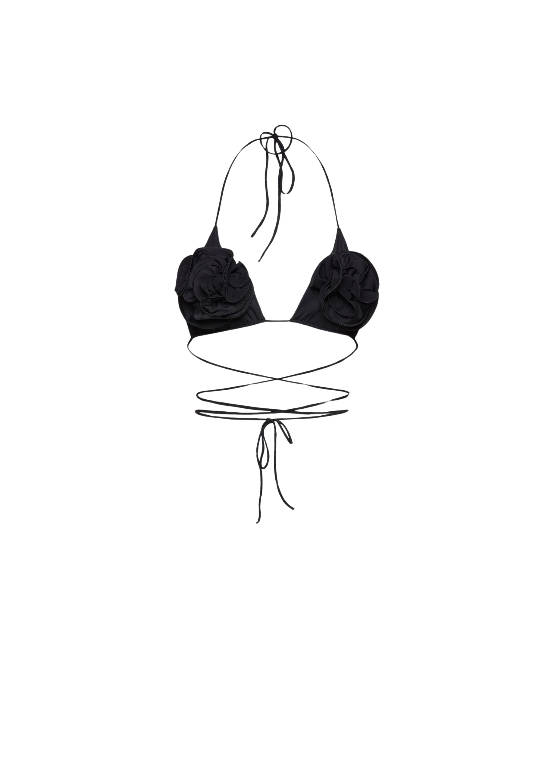 Floral strappy triangle bikini top in black
