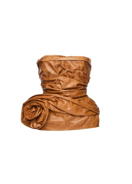 Magda Butrym Flower peplum leather corset top in camel