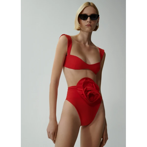 Magda Butrym High-waisted flower appliqué swim bottom in red, view 2