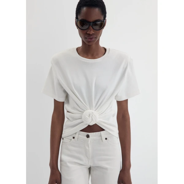 Magda Butrym Knotted ribbed t-shirt in cream Top, view 2