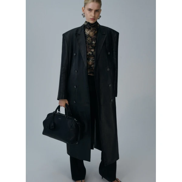 Magda Butrym Long leather tailored coat in black, view 2