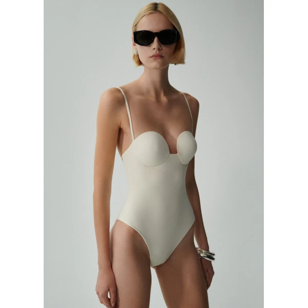 Magda Butrym Retro bustier swimsuit in cream, view 2