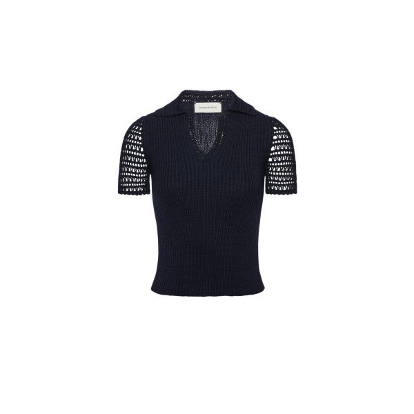 Magda Butrym Ribbed polo knit top in navy
