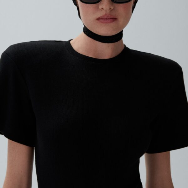 Magda Butrym Ribbed short sleeve bodysuit in black, view 3