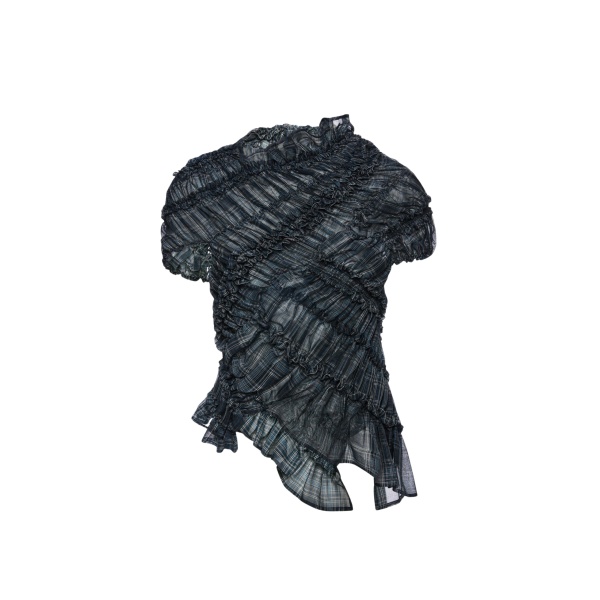 Magda Butrym Ruched cotton short sleeve blouse in blue check