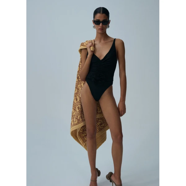 Magda Butrym Ruched flower swimsuit in black, view 2