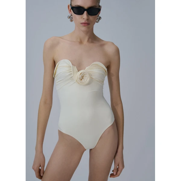 Magda Butrym Sculptural rose bustier swimsuit in cream, view 2