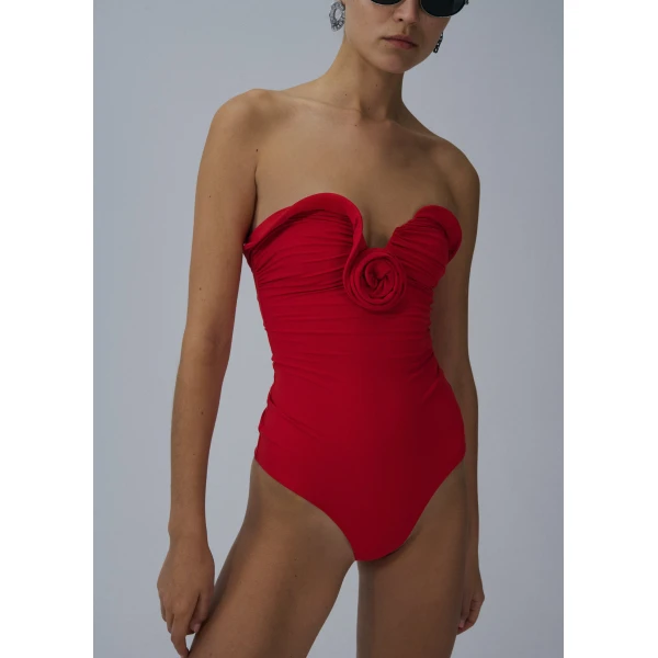 Magda Butrym Sculptural rose bustier swimsuit in red, view 2