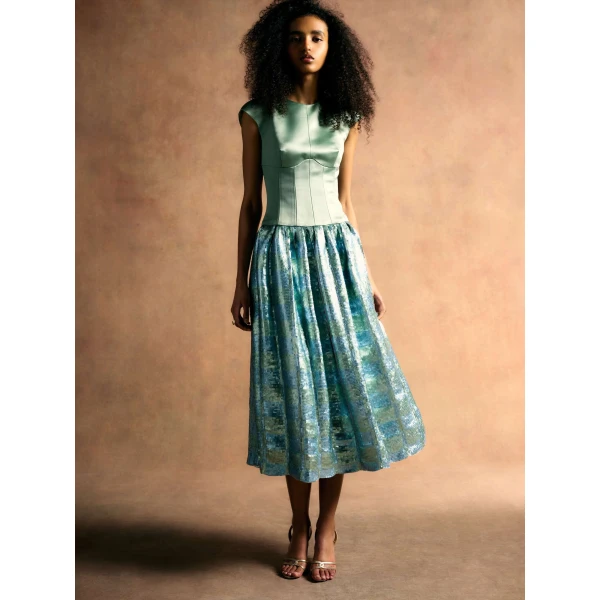Markarian Aloe Gingham Sequin Drop Waist Dress, view 5