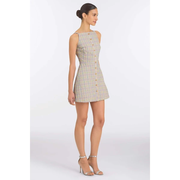Markarian Skye Pastel Plaid Button Up Mini Dress, view 3