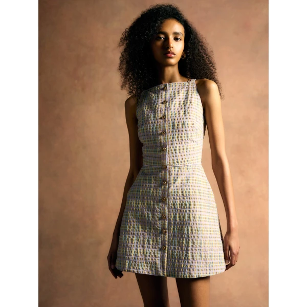Markarian Skye Pastel Plaid Button Up Mini Dress, view 5
