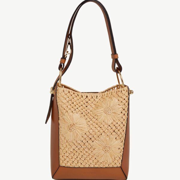 Strathberry Lana Midi Bucket Bag in Floral Paper Raffia and Tan, view 2