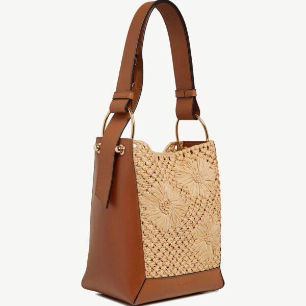 Strathberry Lana Midi Bucket Bag in Floral Paper Raffia and Tan, view 3