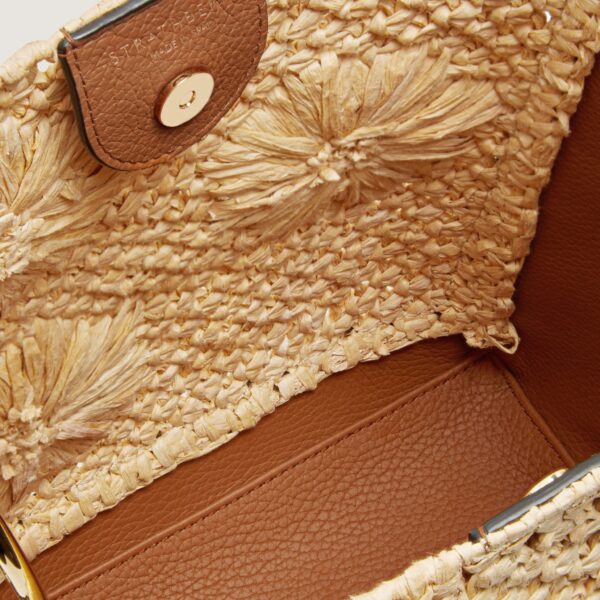 Strathberry Lana Midi Bucket Bag in Floral Paper Raffia and Tan, view 5