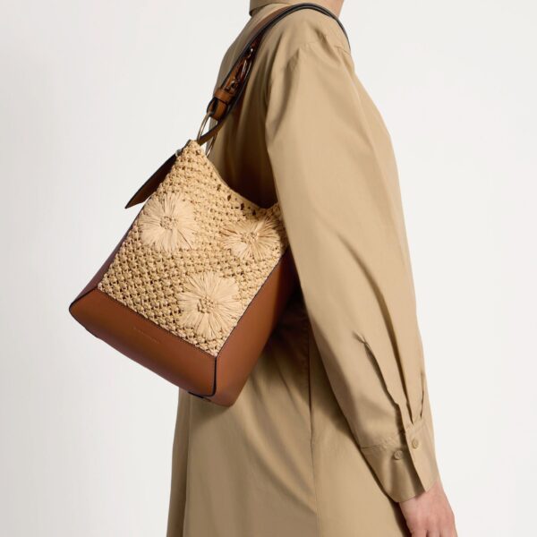 Strathberry Lana Midi Bucket Bag in Floral Paper Raffia and Tan, view 8