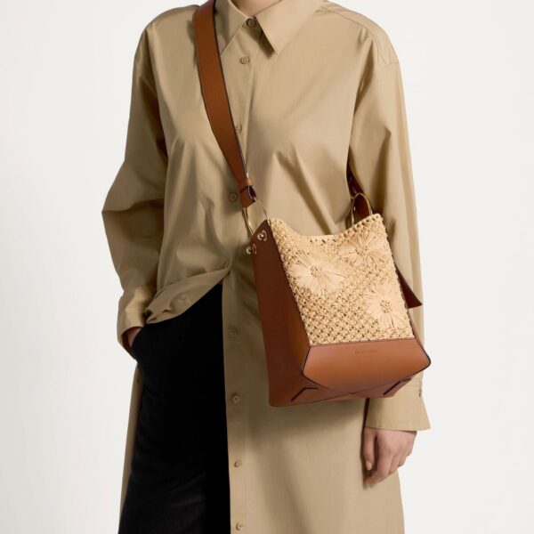 Strathberry Lana Midi Bucket Bag in Floral Paper Raffia and Tan, view 9