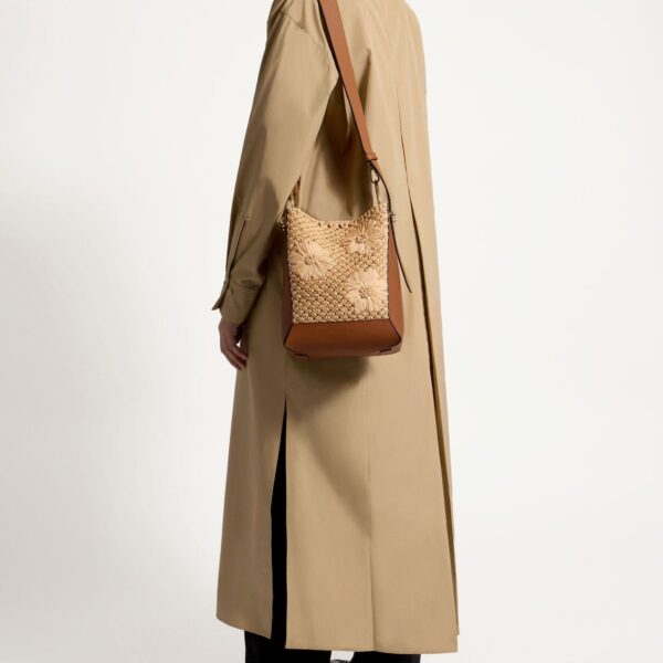 Strathberry Lana Midi Bucket Bag in Floral Paper Raffia and Tan, view 10