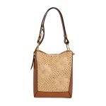 Strathberry Lana Midi Bucket Bag in Floral Paper Raffia and Tan
