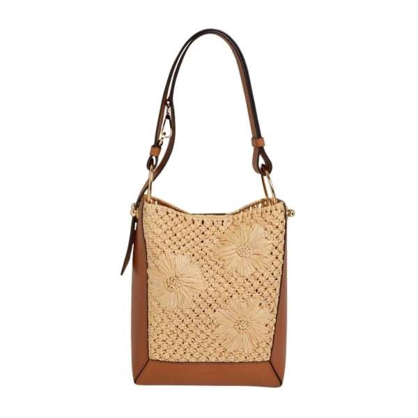 Strathberry Lana Midi Bucket Bag in Floral Paper Raffia and Tan