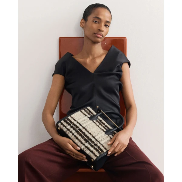 Strathberry Midi Tote in Black Bouclé Tartan, view 10