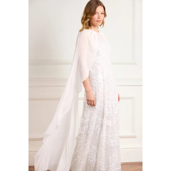 Needle and Thread Anais Sequin Cape Gown in Swan White, view 2