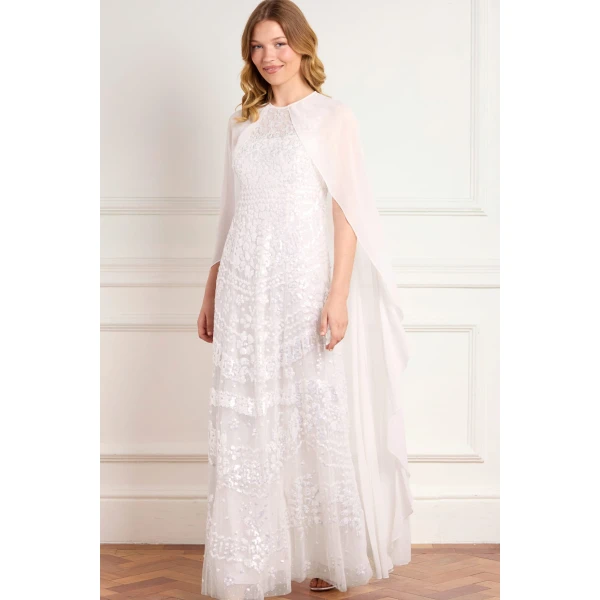 Needle and Thread Anais Sequin Cape Gown in Swan White, view 3