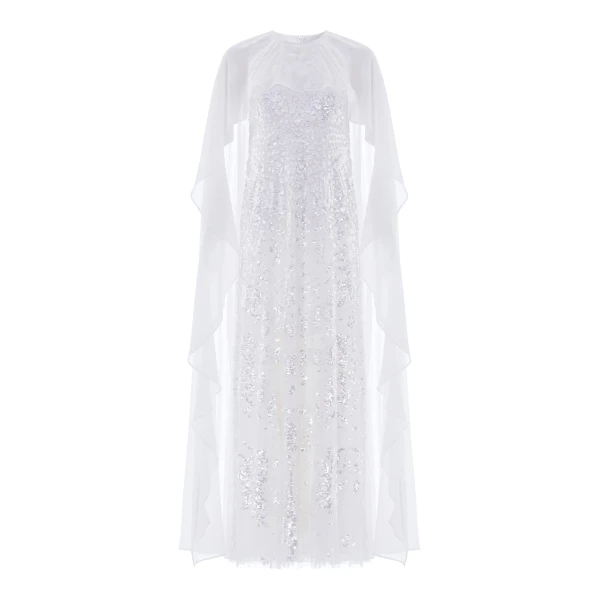 Needle and Thread Anais Sequin Cape Gown in Swan White