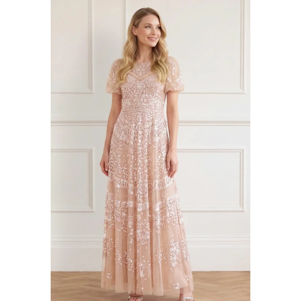 Needle and Thread Anais Sequin Short Sleeve Gown in Biscuit, view 2
