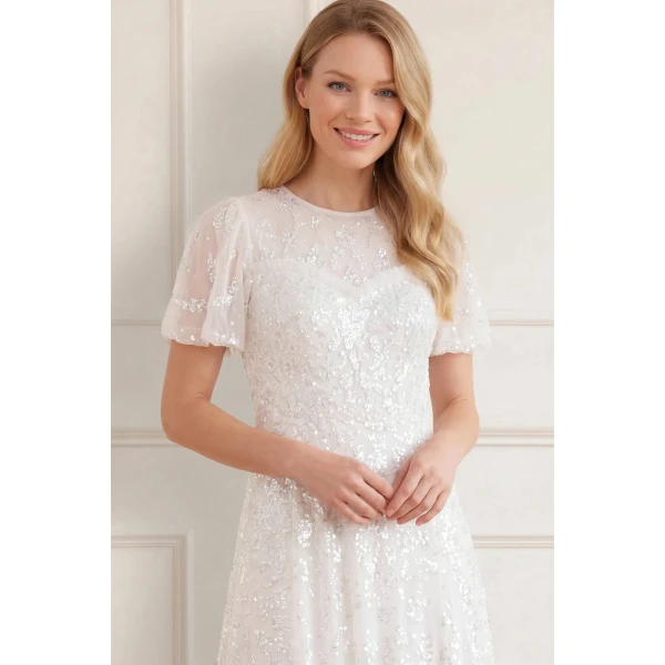 Needle and Thread Anais Sequin Short Sleeve Gown in Swan White, view 3