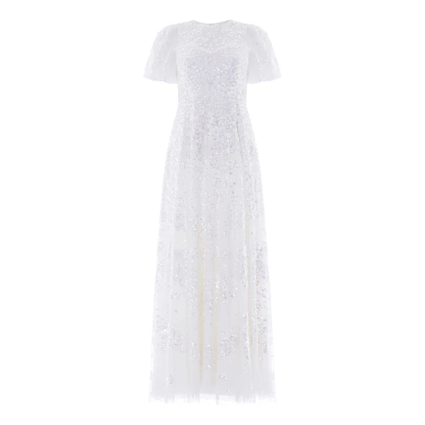 Needle and Thread Anais Sequin Short Sleeve Gown in Swan White