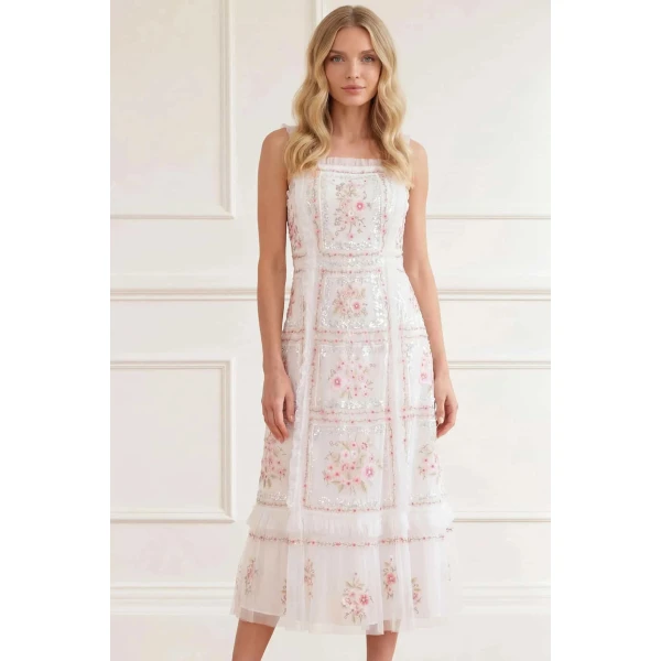 Needle and Thread Blossom Bib Ballerina Dress in Swan White/Multi, view 3