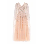 Needle and Thread Camellia Ditsy Cape Sleeve Ankle Gown in Apricot Blush/Multi
