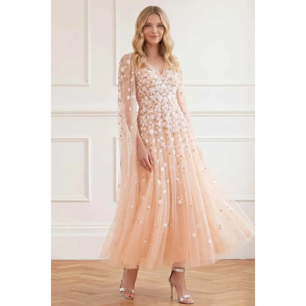 Needle and Thread Camellia Ditsy Cape Sleeve Ankle Gown in Apricot Blush/Multi, view 3