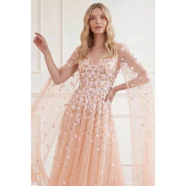 Needle and Thread Camellia Ditsy Cape Sleeve Ankle Gown in Apricot Blush/Multi, view 4