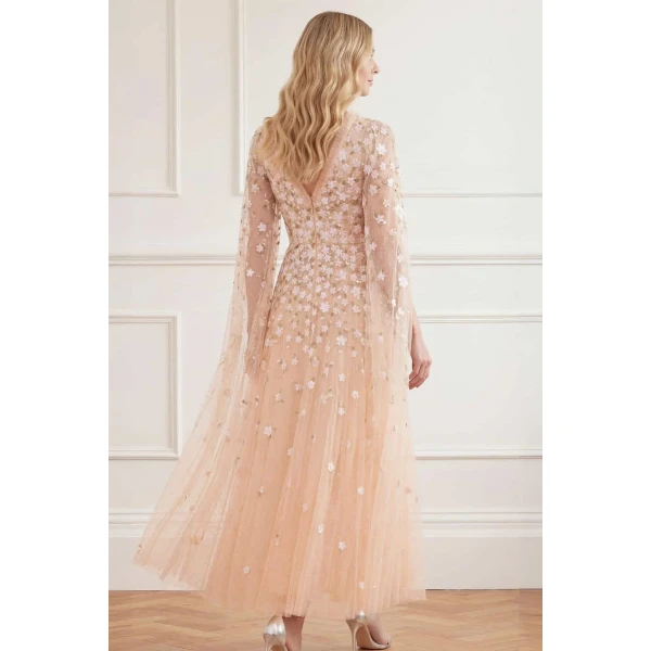 Needle and Thread Camellia Ditsy Cape Sleeve Ankle Gown in Apricot Blush/Multi, view 6